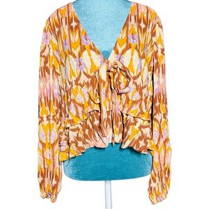 Bar III v-neck long sleeve blouse with ruffles and tie front